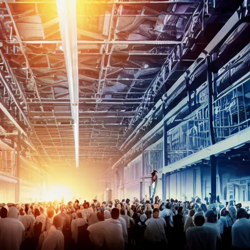 Image similar to crane shot of large group people in open warehouse, looking at hologram of futuristic city on a table, cinematic concept, godrays, golden hour, natural sunlight, 4 k, clear details, tabletop model buildings, tabletop model, ethereal hologram center, crane shot, crane shot, rule of thirds, people, people, award winning