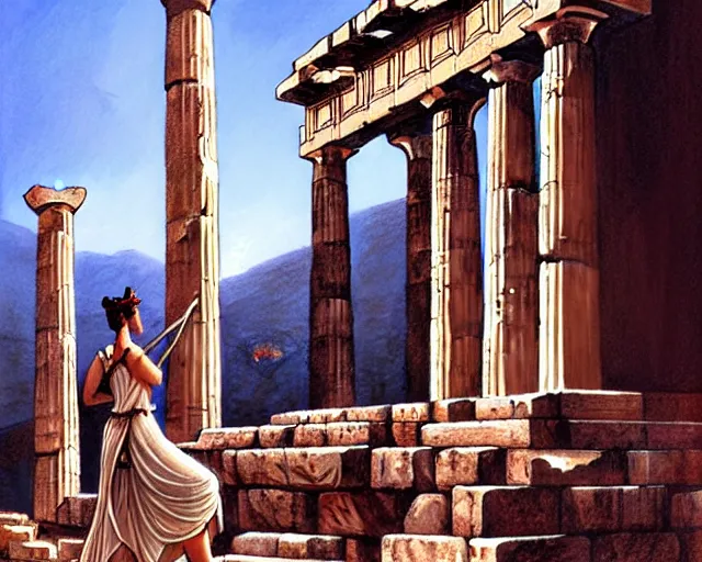 Image similar to Athena in the Athena Temple in Greece, highly detailed, intricate architecture, sharp focus, travel art by Artgerm and Greg Rutkowski and WLOP