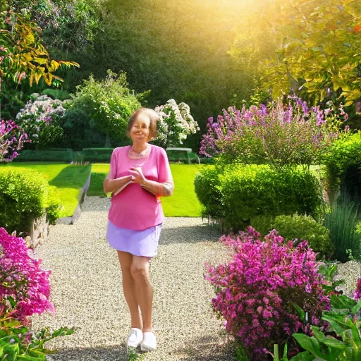 Image similar to mom in a mansion garden, 8 k, high resolution, sun,