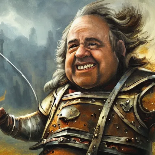 Prompt: last selfie taken by, oilpainting a tolkien dwarf, resembling Danny Devito wearing metal Armour that is smiling, in combat, apocalyptic, smoldering ruins, corpses on the ground, gore, fire