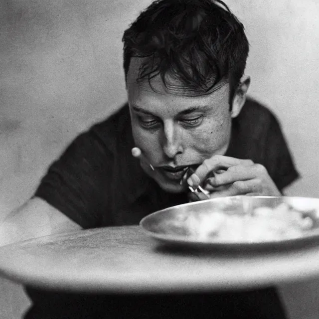 Prompt: a vintage photograph of Elon Musk eating idli by Julia Margaret Cameron, portrait, 40mm lens, shallow depth of field, split lighting