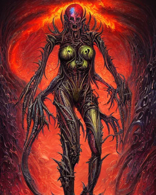 Image similar to charred bloody fleshmetal cyborg daemonhost lady psychedelic flamer of tzeentch, by antonio j. manzanedo, giger, alex grey, android jones, wayne barlowe, philippe druillet, raymond swanland, cyril rolando, josephine wall, harumi hironaka, cronenburg, trending on artstation