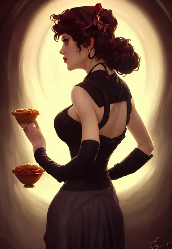 Prompt: Attractive necromancer waitress of a small 50’s style diner, fantasy magic, dark pin-up style hair, dark light night, intricate, elegant, sharp focus, illustration, highly detailed, digital painting, concept art, matte, art by WLOP and Artgerm and Greg Rutkowski and Alphonse Mucha, masterpiece