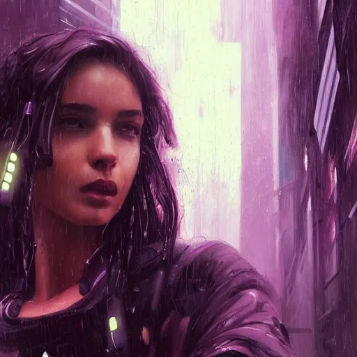 Image similar to very detailed masterpiece painting of a very beautiful wet young cyberpunk woman with olive skin, dark purple hair and cybernetics, cyberpunk background, raining, closeup, portrait, artstation, concept art by greg rutkowski