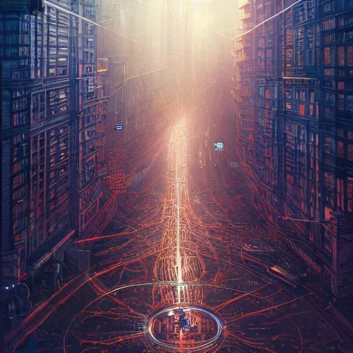 Prompt: detailed intricate digital illustration by greg rutkowski and artgerm and wlop and sanford robinson gifford ; anatomical human veins loom over city intersection ; 1 3 mm film, arri alfa anamorphic lens ; sharp focus ; golden hour, trending on artstation 8 k