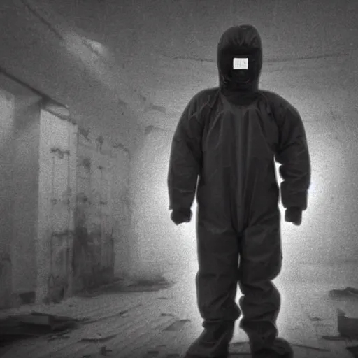 Image similar to news reporter in a hazmat suit 1 9 9 0 s news found footage of an abandoned soviet downtown with a humanoid scp hidden in background, liminal space, backrooms, scp, film grain, rundown, eerie, dark lighting, 3 5 mm, realistic, photograph, hazmat suits, foggy, silent hill style, detailed, hyperrealistic