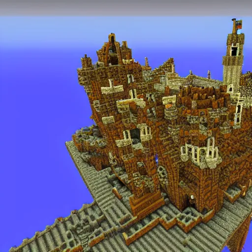 Prompt: realistic steampunk minecraft castle on a cliff overlooking the red sea