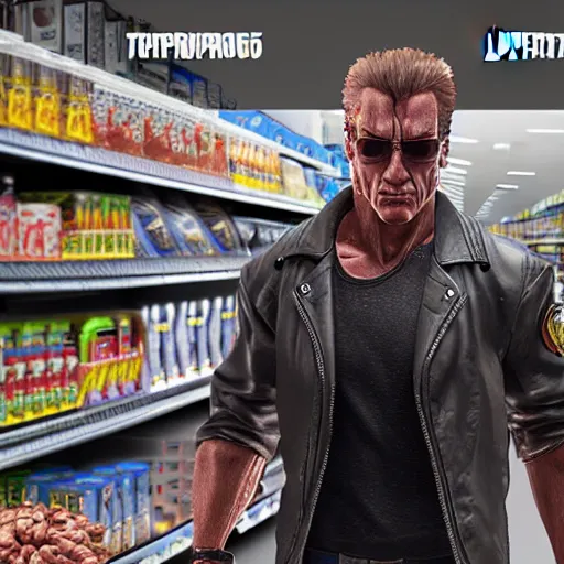 Image similar to the terminator buying stuff at the supermarket, unreal 5, hyperrealistic, octane render, cosplay, RPG portrait, dynamic lighting