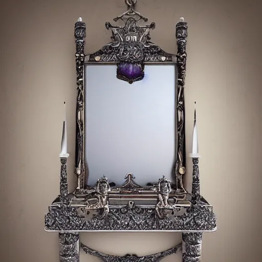 Image similar to castle interior with a mirror in the shape of an antique silver tray floating and shooting purple magic, digital art