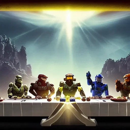 Image similar to master chief from halo sitting next to jesus during the last supper, unreal engine 5