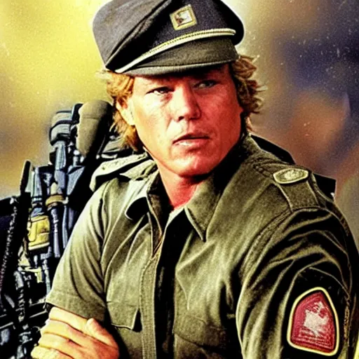 Prompt: tom berenger with a military uniform and headband, full body shot, grainy, saturated, poster art, 1 9 8 7, by drew struzan