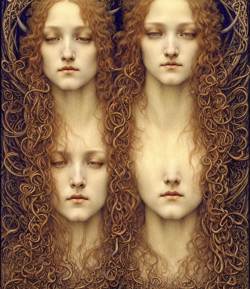 Image similar to detailed realistic beautiful young medieval queen face portrait by jean delville, gustave dore and marco mazzoni, art nouveau, symbolist, visionary, gothic, pre - raphaelite. horizontal symmetry