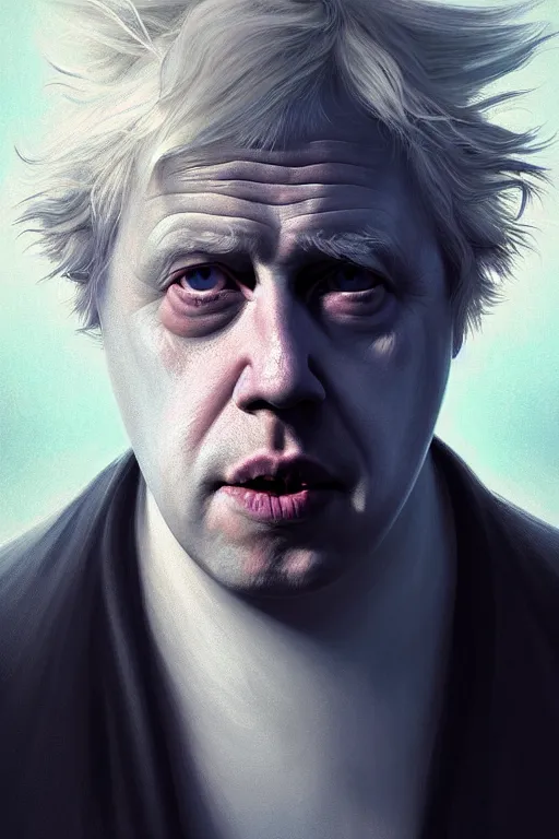 Prompt: Boris Johnson as Rick Sanchez, unibrow, white robe, big eyes, 3d octane render, symmetrical, highly detailed, digital painting, artstation, concept art, smooth, sharp focus, illustration, cinematic lighting, art by artgerm and greg rutkowski and alphonse mucha