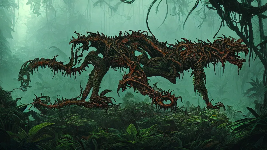 Image similar to a photograph of a decomposing thanatosdrakon in an dark scary jungle, hyper - detailed andreas rocha and anton fadeev