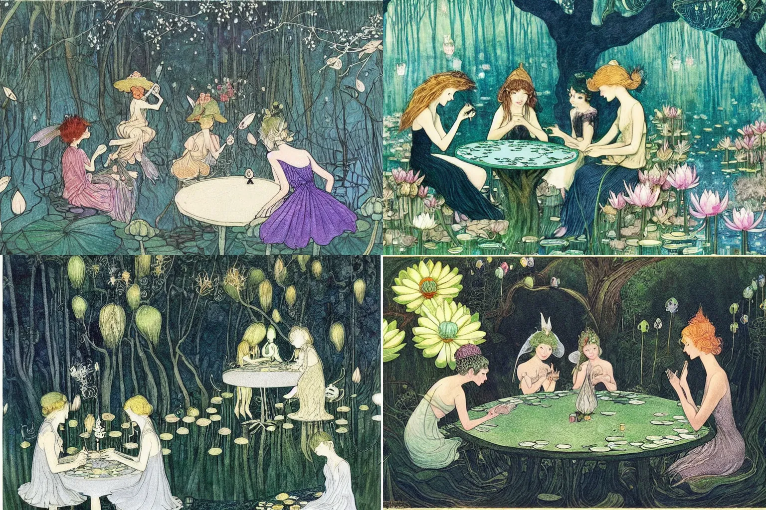 Prompt: a group of gracious fairies playing cards on a table in an atmospheric moonlit forest next to a beautiful pond filled with water lilies, artwork by ida rentoul outhwaite. the fairies have wings!!!! and play blackjack!!!!.