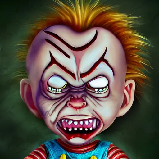 Prompt: fantasy painting of chucky by rick and morty | horror themed | creepy