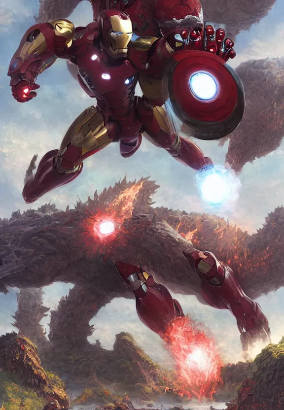 Image similar to iron man fighting a giant kaiju, highly detailed, science fiction landscape, art style by klimt and nixeu and ian sprigger and wlop and krenz cushart