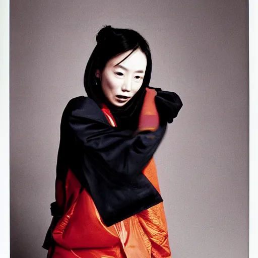 Image similar to A Chinese woman wearing clothes from 2078, portrait, Taschen, 35 mm film, by David Bailey, Peter Lindbergh, Davide Sorrenti