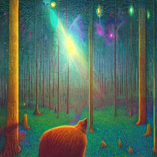 Image similar to psychedelic lush pine forest, outer space, milky way, amber eyes cat eyes designed by arnold bocklin, jules bastien - lepage, tarsila do amaral, wayne barlowe and gustave baumann, cheval michael, trending on artstation, star, sharp focus, colorful refracted sparkles and lines, soft light, 8 k 4 k