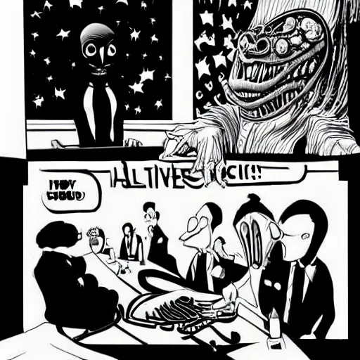 Prompt: an alien meeting the president, highly detailed, highly intricate, black and white