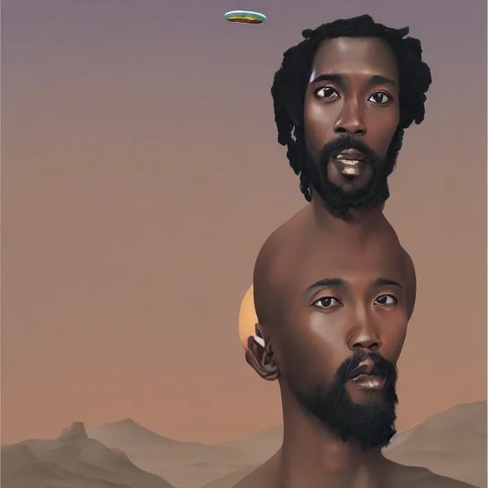 Prompt: many UFOs hovering over an African Jesus, painting by Hsiao-Ron Cheng,