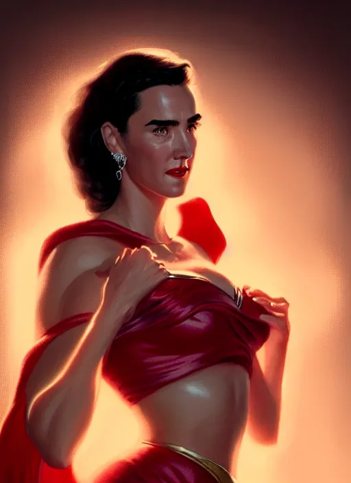 Image similar to portrait of 1 9 5 0 s darna, jennifer connelly, intricate, elegant, glowing lights, highly detailed, digital painting, artstation, glamor pose, concept art, smooth, sharp focus, illustration, art by wlop, mars ravelo and greg rutkowski