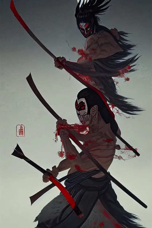 Image similar to portrait of a mad kabuki warrior wielding a spear, visible aura of madness distorting the surroundings, occult details, greg rutkowski style, high quality, 8 k,