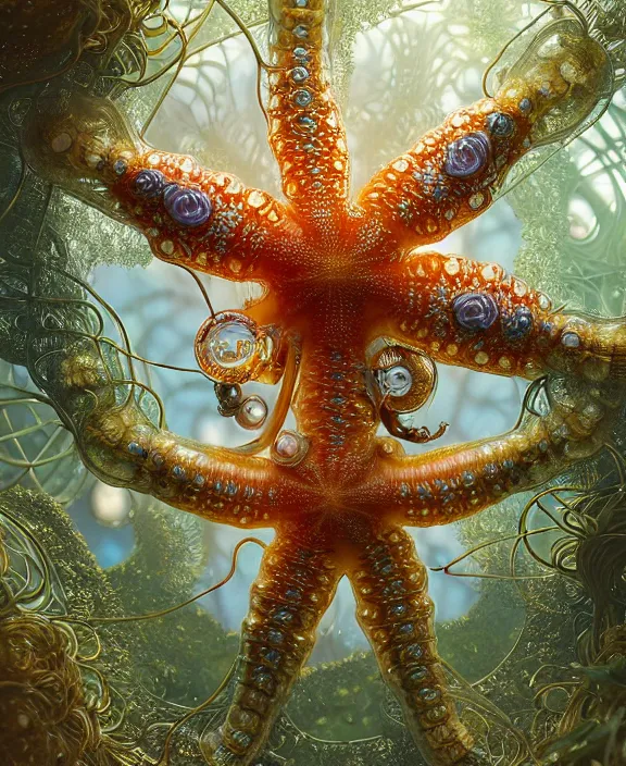 Image similar to intricate ornate opulent transparent clear see - through portrait of a playful beautiful starfish mollusk beetle, fractal, adorable, childlike, overgrown biopunk jungle environment, ultra realistic, concept art, art nouveau, photorealistic, octane render, 8 k, unreal engine. art by christopher marley and artgerm and greg rutkowski and alphonse mucha