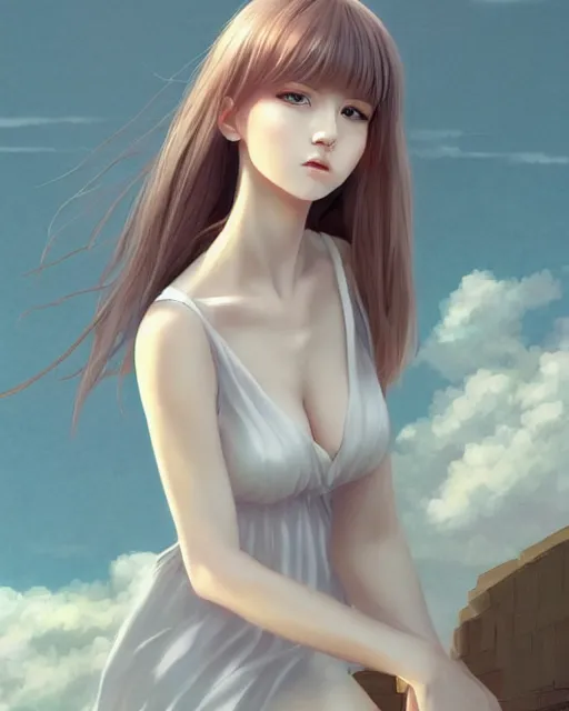 Image similar to infinitely detailed full - body portrait pale female peaceful dream angel wearing elegant clothes. beautiful! scenery art! by wlop & murata range, by ilya kuvshinov. artstation!! / pixiv!!