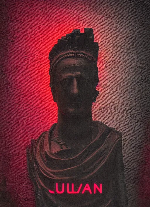 Prompt: elegant dark design poster showing a statue of julius caesar, black background with very subtle red and purple design elements, powerful, nekro, vito acconci, thin straight lines, dark, glitch art, neo vaporwave, gritty, layout frame, square, extremly detailed, trending on artstation
