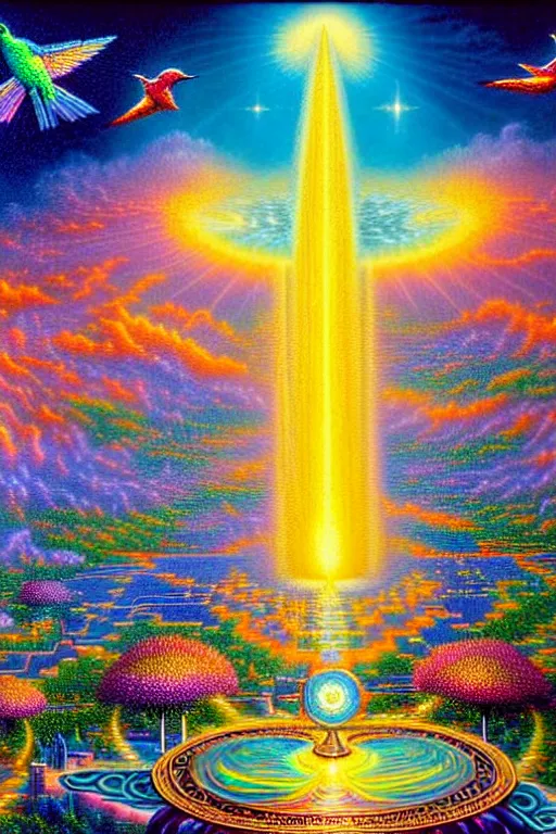 Prompt: a photorealistic detailed cinematic image of a beautiful vibrant iridescent future, humanity evolution, spiritual science, divinity, utopian, cumulus clouds, ornate visionary art, humming birds surrounding a majestic fountain, isometric, by david a. hardy, kinkade, lisa frank, wpa, public works mural, socialist