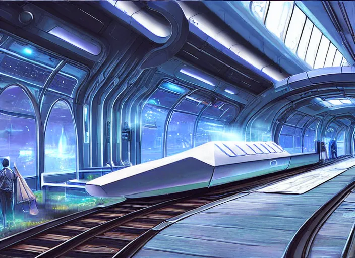 Prompt: a futuristic sci - fi train station, digital art, realistic, detailed, paint