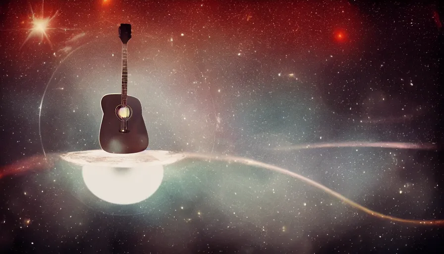 Prompt: an acoustic guitar floating endlessly in the universe, album art, dramatic lighting