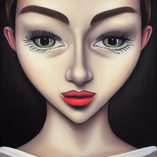 Image similar to a painting of a woman, an ultrafine detailed painting by rafal olbinski, behance contest winner, pop surrealism, detailed painting, very detailed, minimalist, skeuomorphic, airbrush art