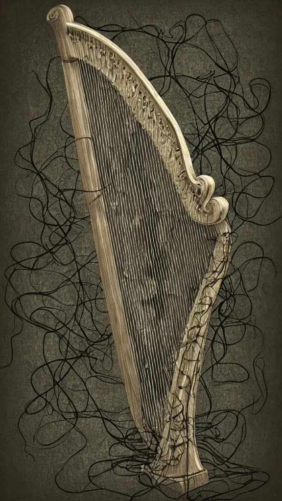 Image similar to a harp with strings made of thick vines, fantasy art, art station, grey background,