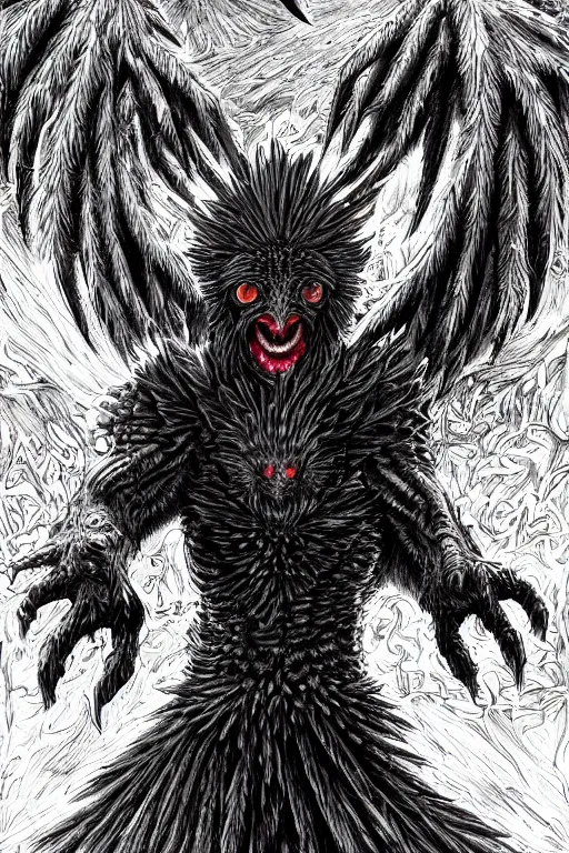 Prompt: raven monster, red eyes, highly detailed, digital art, sharp focus, trending on art station, kentaro miura manga art style