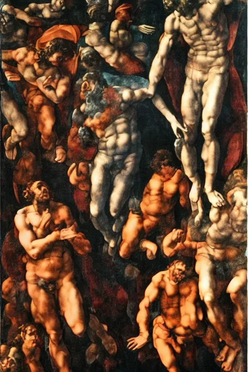 Image similar to a scene of a movie of michelangelo antonioni in the style of the last judgement by michelangelo. technicolor, grandiose, cinematic, 5 0 mm, highly detailed, romantic