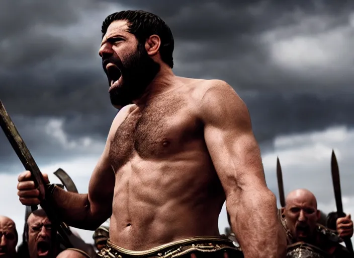 Prompt: film still of joe biden as leonidas shouting in 3 0 0 movie, 8 k, epic moody sky, dramatic lighting