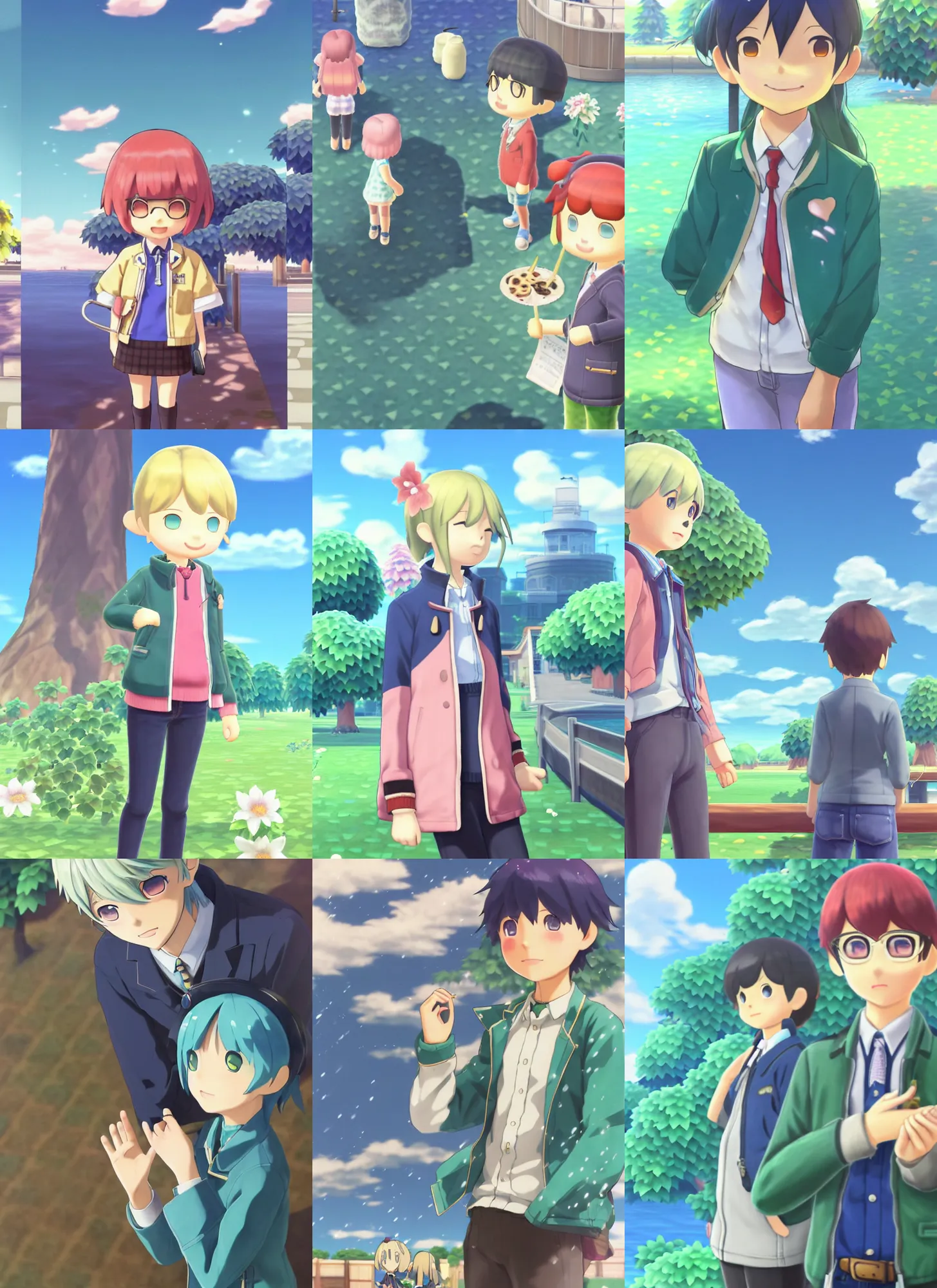 Prompt: beautiful anime art by Makoto Shinkai, Rating:g, Tags: jirafuru animal_crossing sasha_(animal_crossing) highres, animal_ears aqua_hair blonde_hair blue_eyes blue_jacket blush character_name cowboy_shot green_background hand_up jacket letterboxed letterman_jacket long_sleeves looking_at_viewer male_focus multicolored_hair, personification rabbit_boy rabbit_ears rabbit_tail short_shorts shorts, smile, sparkle star_(symbol), tail, two-tone_hair waving white_background white_shorts