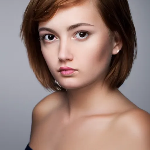 Prompt: portrait shot of a beautiful girl with puffy lips, squarish face, short hair