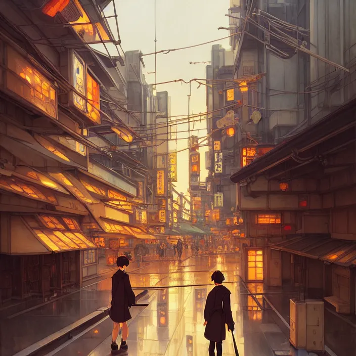 Image similar to empty tokyo, autumn, in the style of studio ghibli, j. c. leyendecker, greg rutkowski, artem