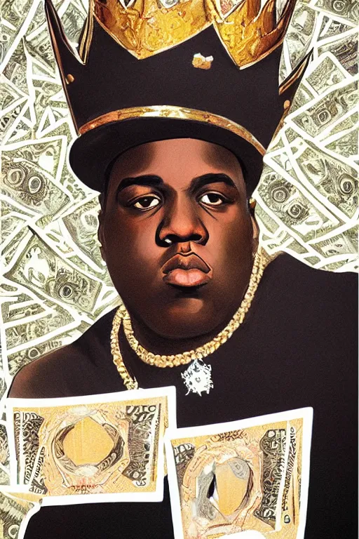 Prompt: portrait of biggie smalls with kings crown and royal outfit, royal background, piles of money, modern, eclectic, illustration, by ramon casas