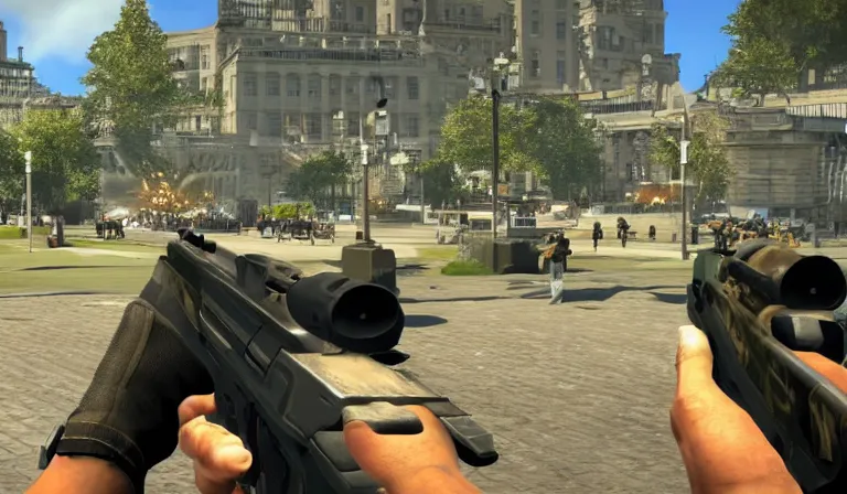 Image similar to screen shot of COD, in the park, Gun in the lower right corner