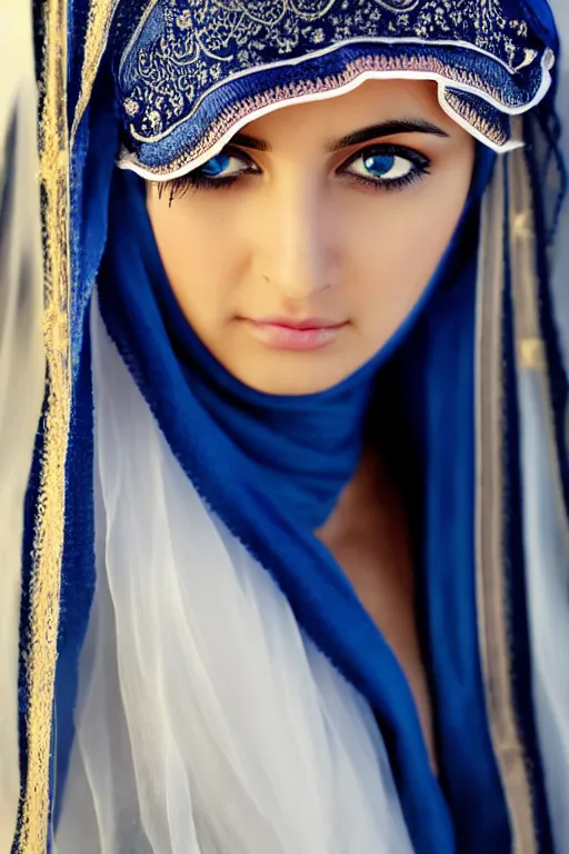 Image similar to young arab woman, blue eyes, long wavy black hair, white veil, closeup, focus face, colored, middle eastern