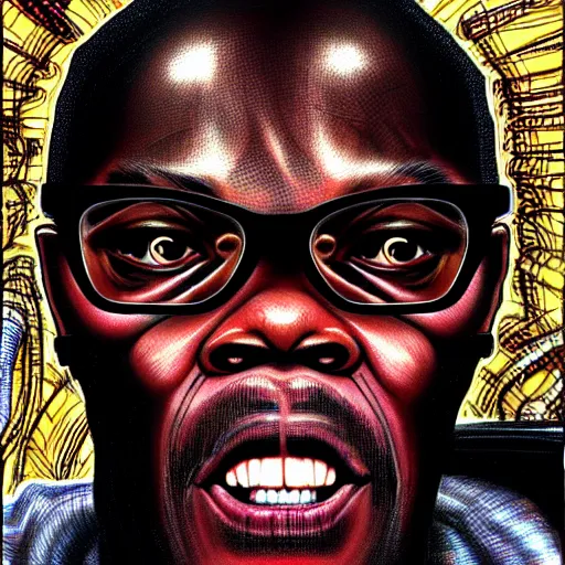 Prompt: samuel l jackson, hyper detailed, in the style of h. r. giger and junji ito and h. r. giger, selfie