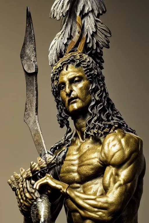 Image similar to photo taken of an epic intricate, ultra detailed, super realistic sculpture of a ancient winged demonic guardian statue holding an axe, sculpture on display, created by weta workshop, photorealistic, sharp focus, f 0. 4, face centred, golden ratio