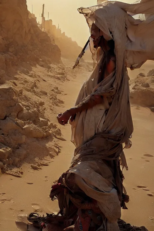 Prompt: a full body portrait of a beautiful post apocalyptic offworld desert bedouin blind barbarian leper laying by the roadside, begging, intricate, elegant, highly detailed, digital painting, artstation, concept art, smooth, sharp focus, illustration, art by krenz cushart and artem demura and alphonse mucha