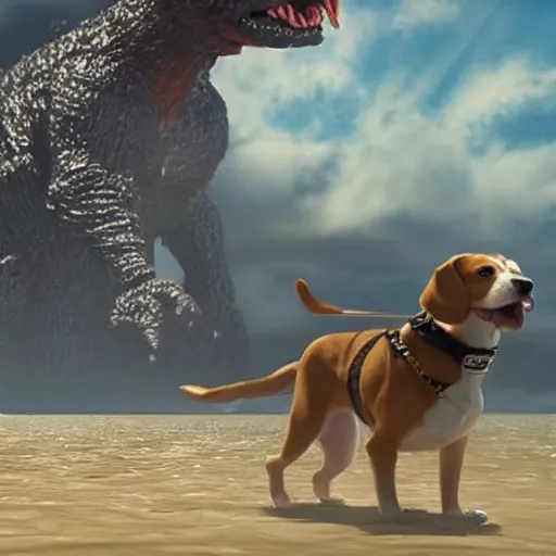 Image similar to masive 1 0 0 meters beagle dog versus godzilla over the sea, epic cinematic, 4 k, very high detail