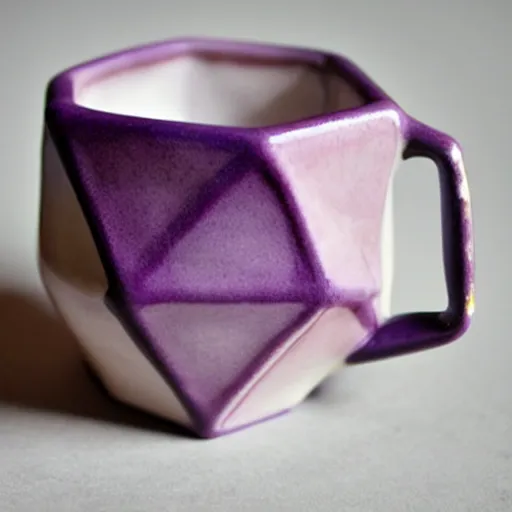 Prompt: icosahedron geodesic triangle pottery mug glazed with pearlescent purples and pinks