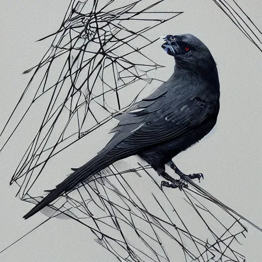 Image similar to a silver feathered partially wireframed jackdaw, with a fine paintbrush in it's beak, creating artwork on canvas, by leesha hannigan, ross tran, thierry doizon, kai carpenter, ignacio fernandez rios